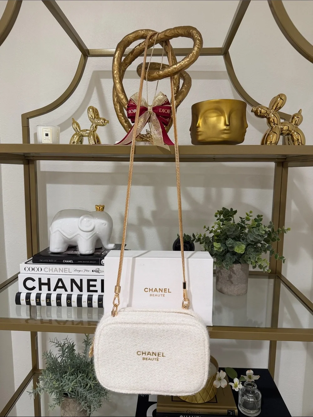 CHANEL Cream Bouclé Beaute Crossbody with Gold Chain